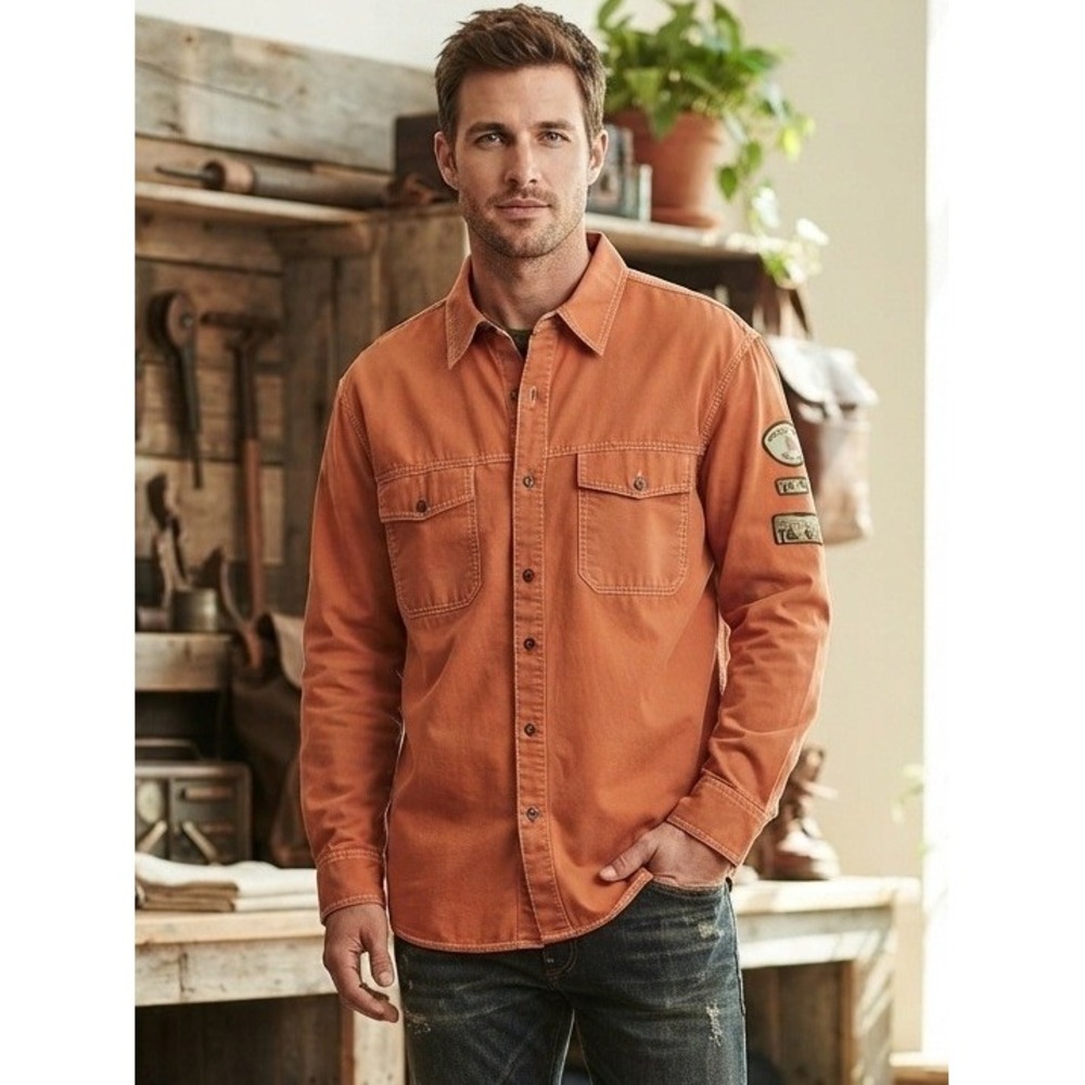 Timberland Button Down Long Sleeve Utility Work Shirt Mens XL Orange Cotton Logo
